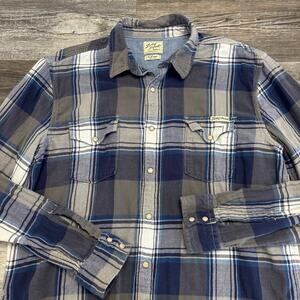 Lucky Brand‎ Sportswear Blue White Mens L Tartan Plaid Western Shirt Pearl Snap